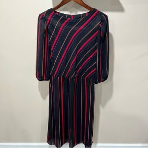 Vintage Black Striped 3/4 Sleeve Midi Length Dress Size M/L